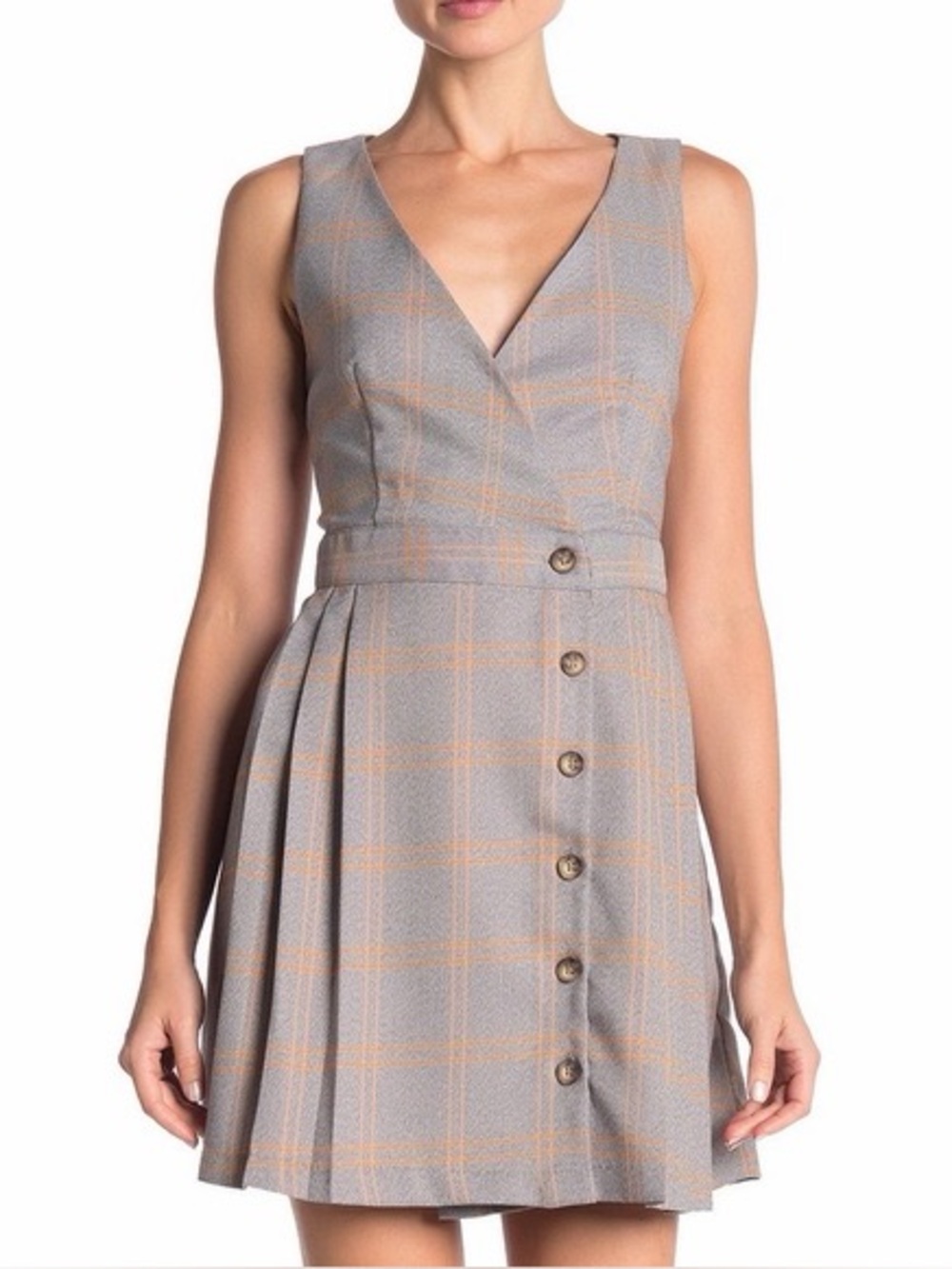 Gianni Bini gray plaid pleated mini dress with buttons